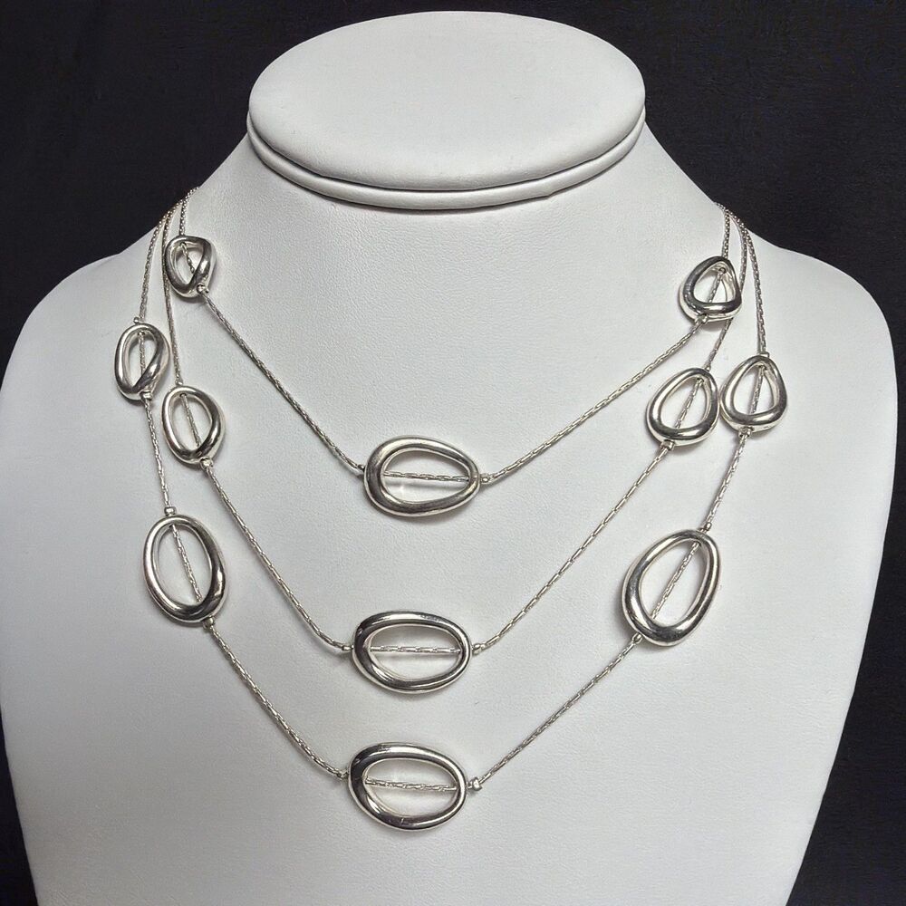 Signed Crown TRIFARI Silver Tone 3 Strand Station Chain Necklace Layered Ovals